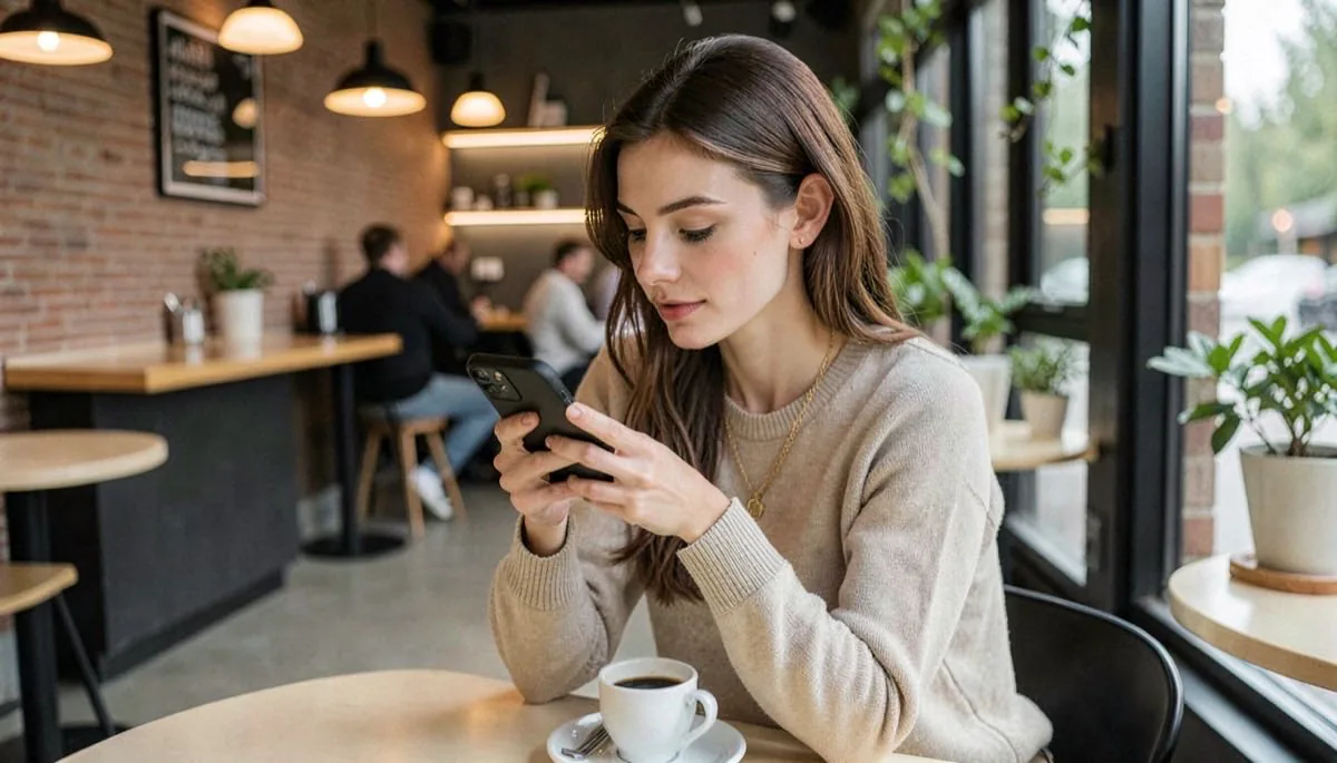 Bumble anmeldelse i dansk kontekst: telefon med Bumble-profil og en kaffebar i baggrunden