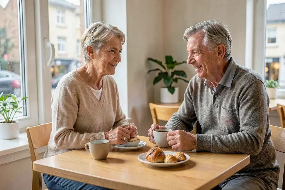 To voksne taler sammen over en kop kaffe i en lys café