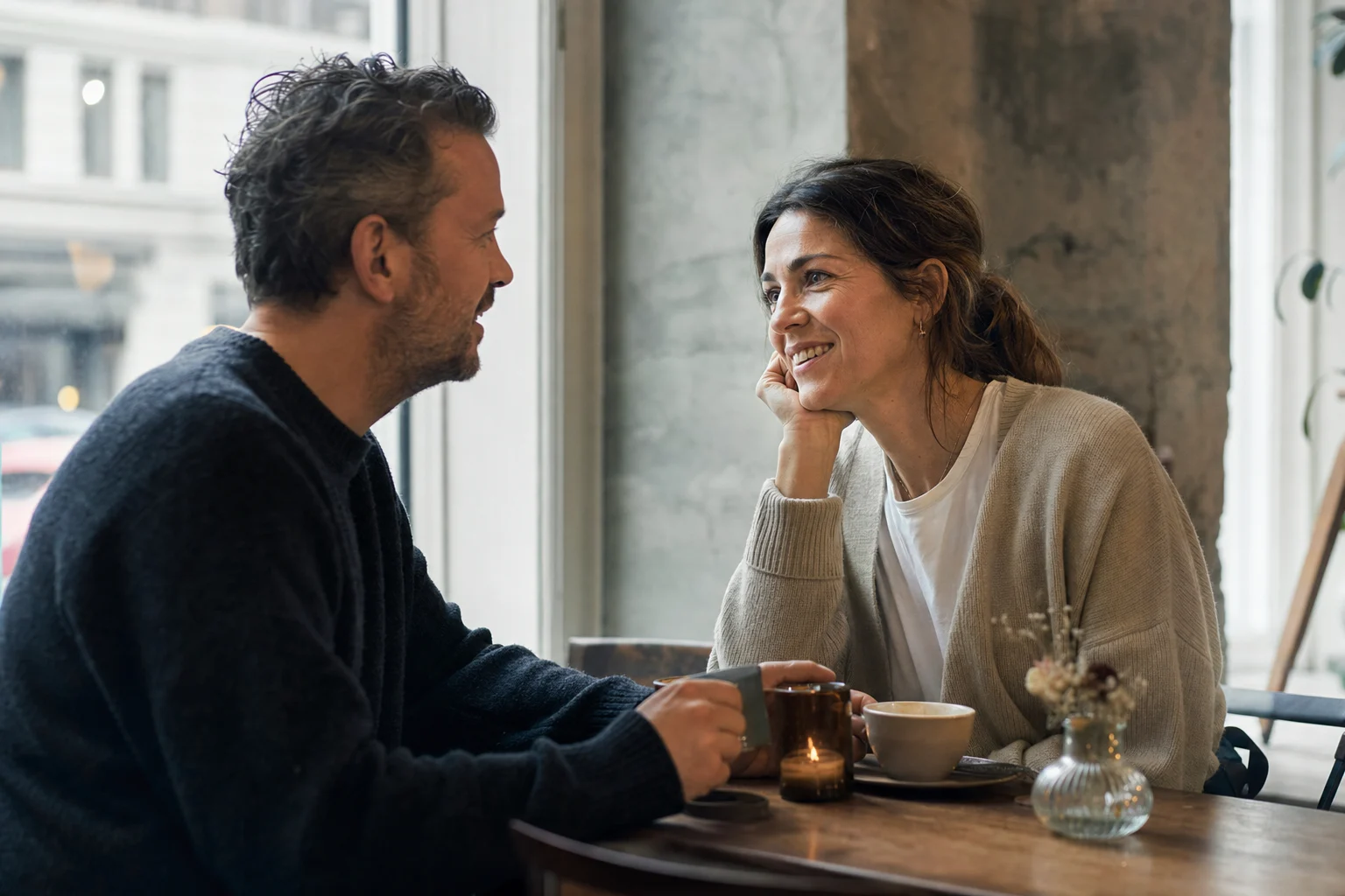 To voksne taler sammen over kaffe i et roligt nordisk cafémiljø