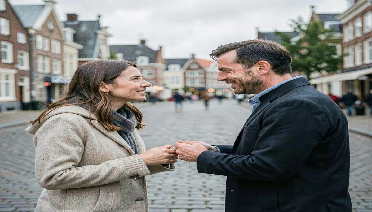 To voksne mødes og taler sammen på en offentlig plads