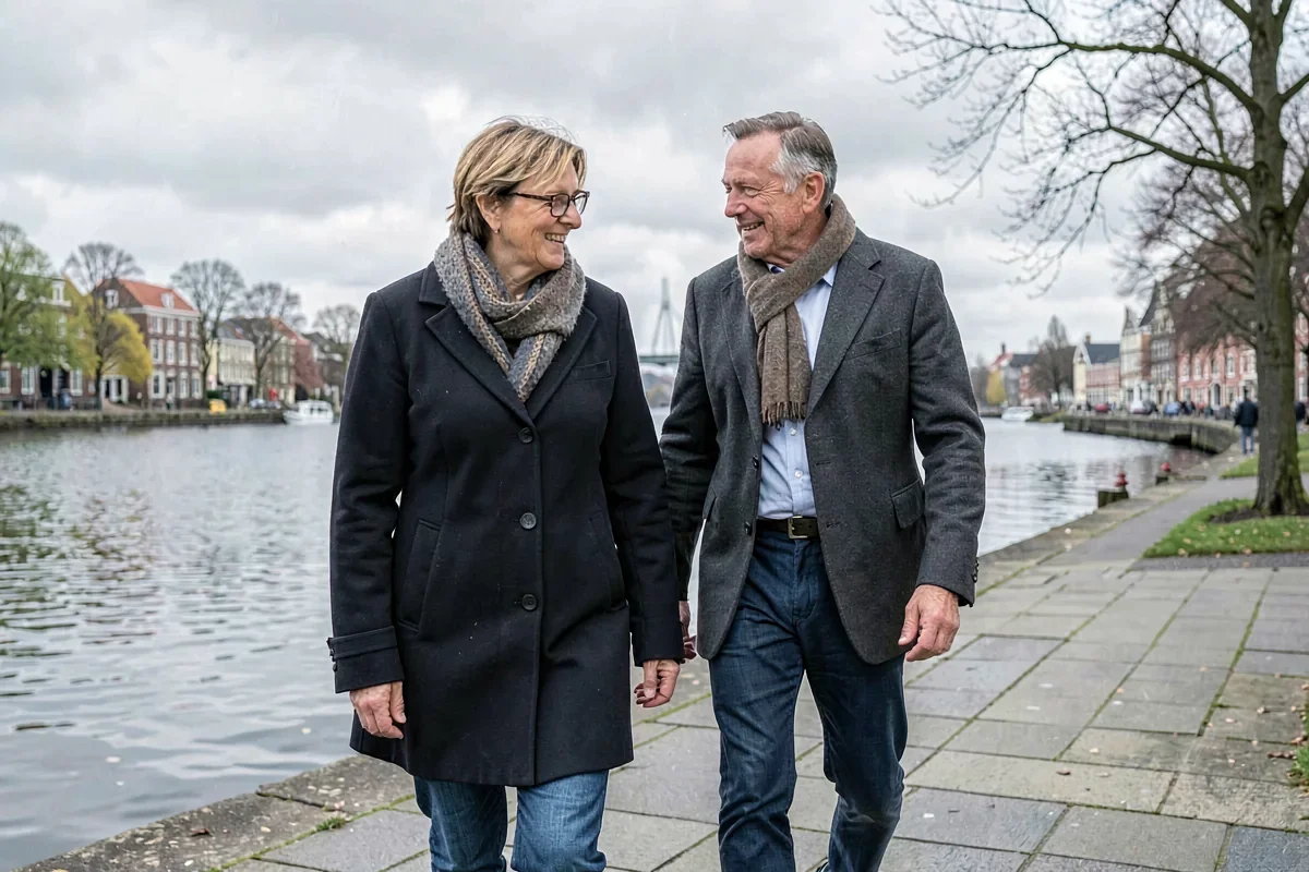 To voksne går sammen og taler på en bred sti ved vandet
