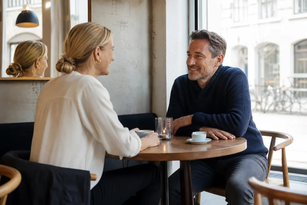 To voksne taler sammen over kaffe i en lys café