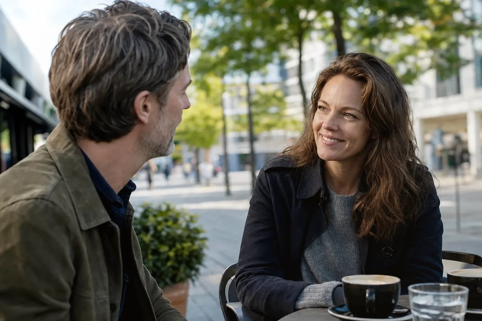 To voksne på afslappet kaffedate i en moderne dansk forstad med grønne omgivelser