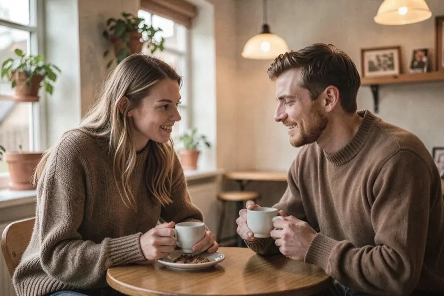 To voksne på afslappet kaffedate i et nordisk bymiljø nær Herlev