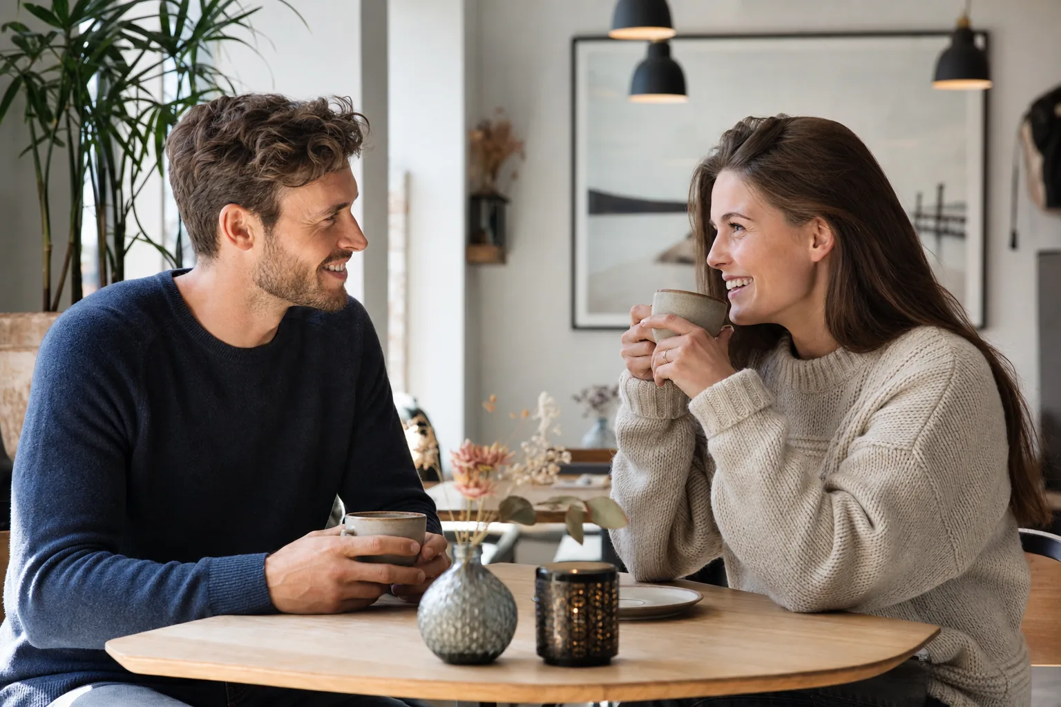 To voksne på afslappet kaffedate i et nordisk cafémiljø