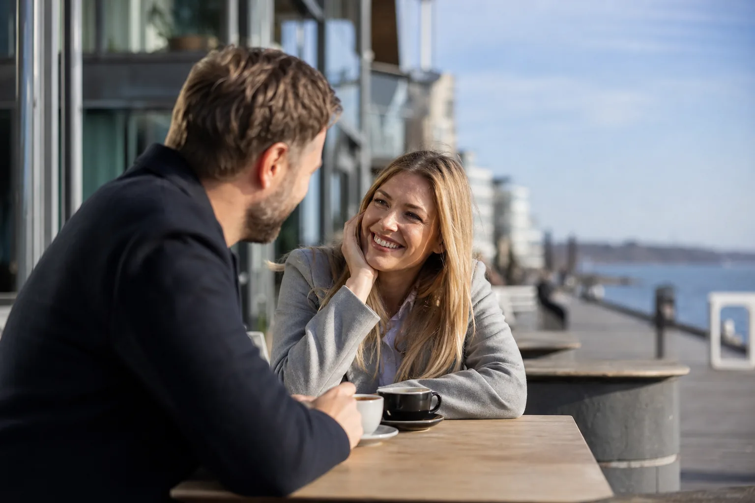 To voksne på afslappet kaffedate ved et nordisk havnemiljø