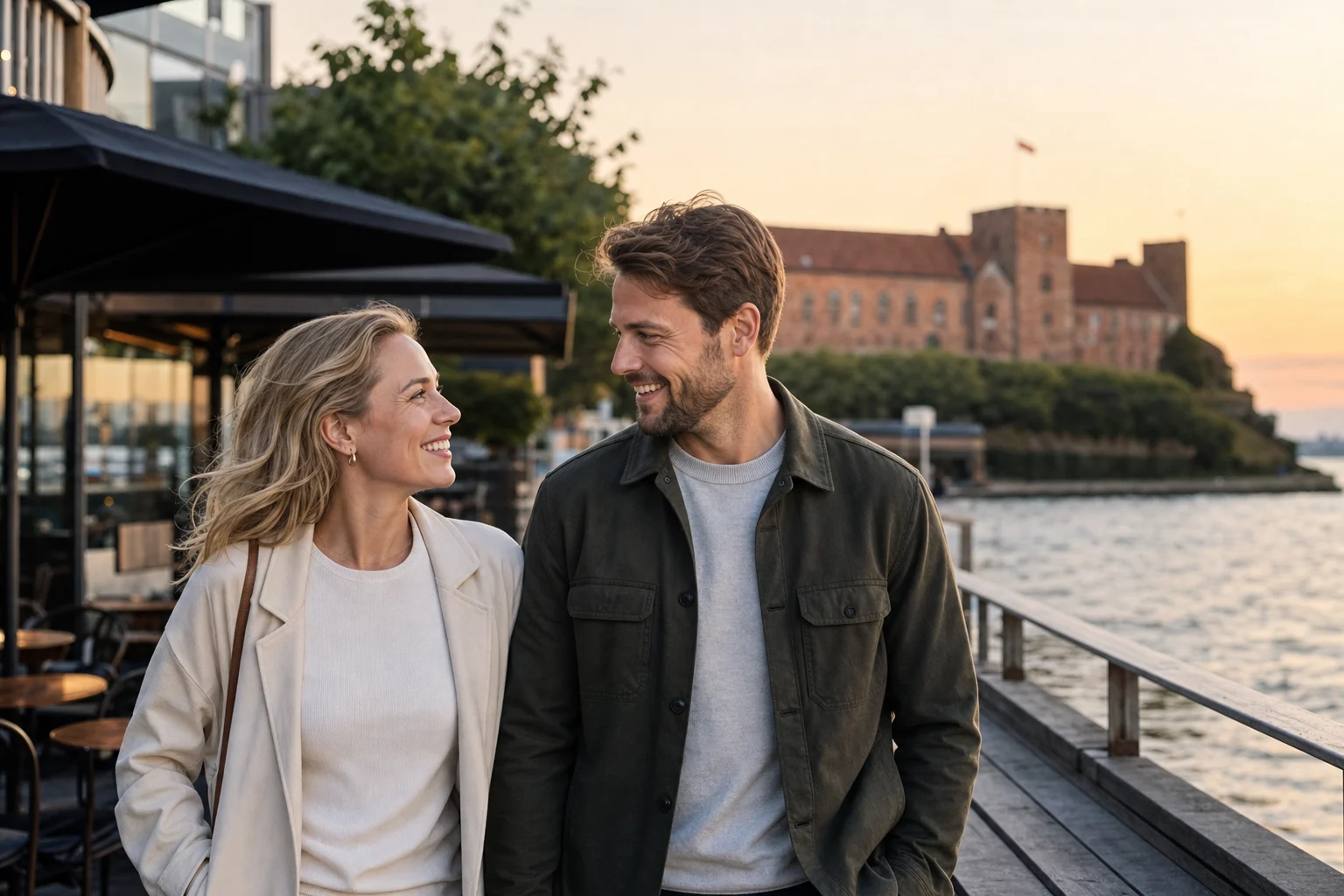 To voksne på afslappet første date ved en dansk havnepromenade