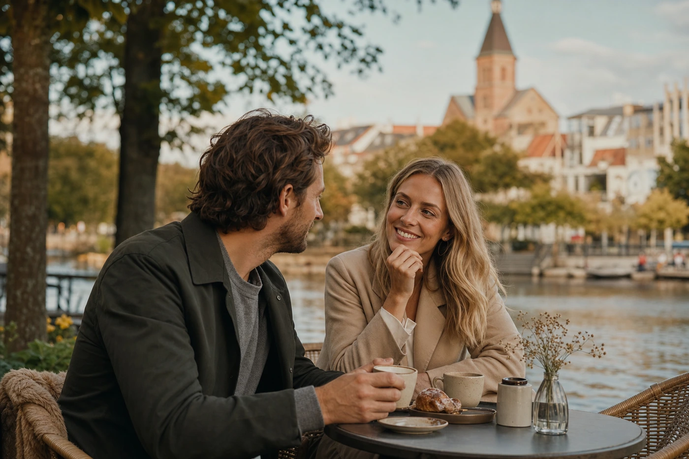 To voksne på afslappet første date ved en dansk café nær vandet