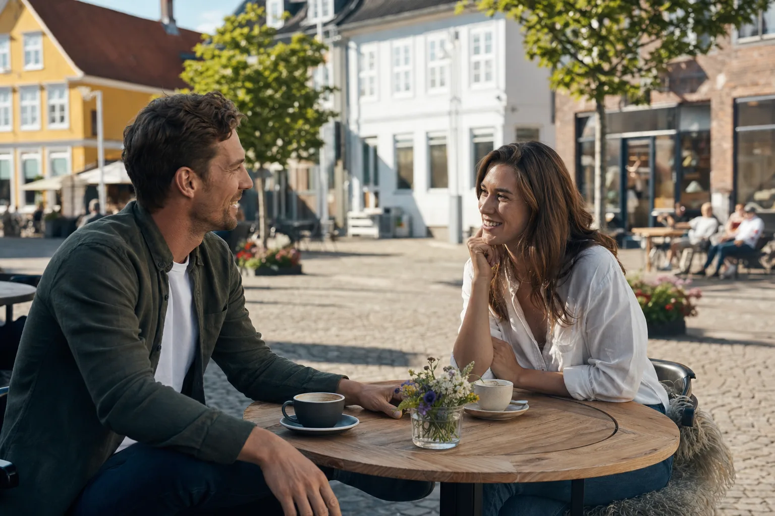 To voksne på afslappet første date ved en café i en dansk bymidte
