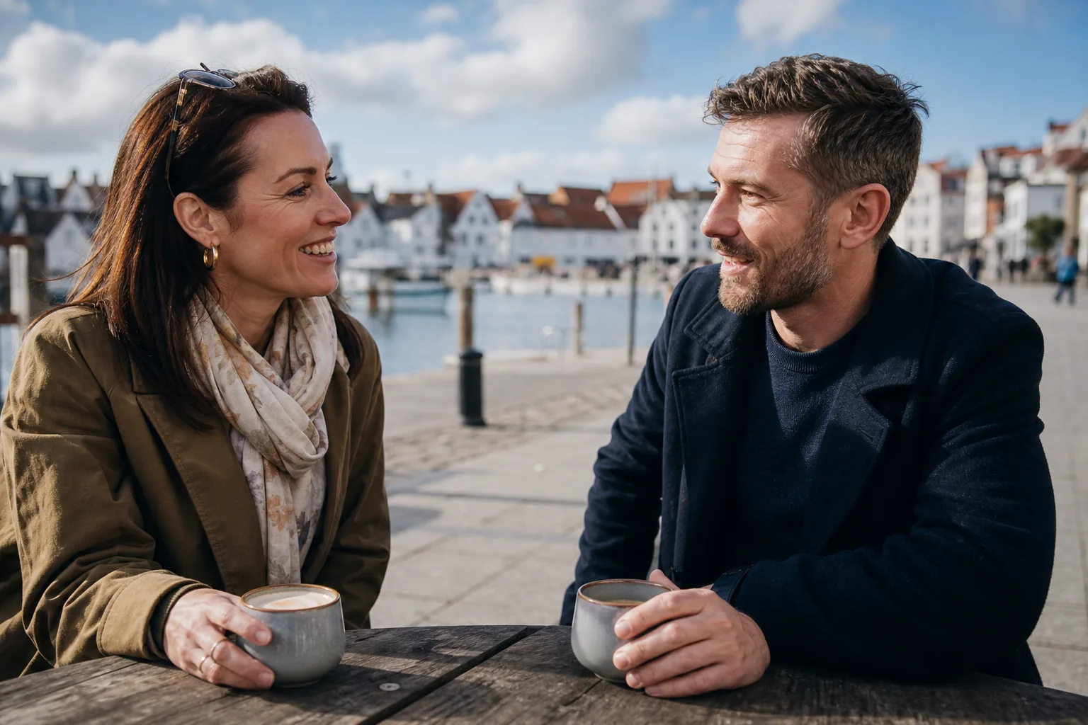 To voksne på afslappet kaffedate ved en dansk havnepromenade
