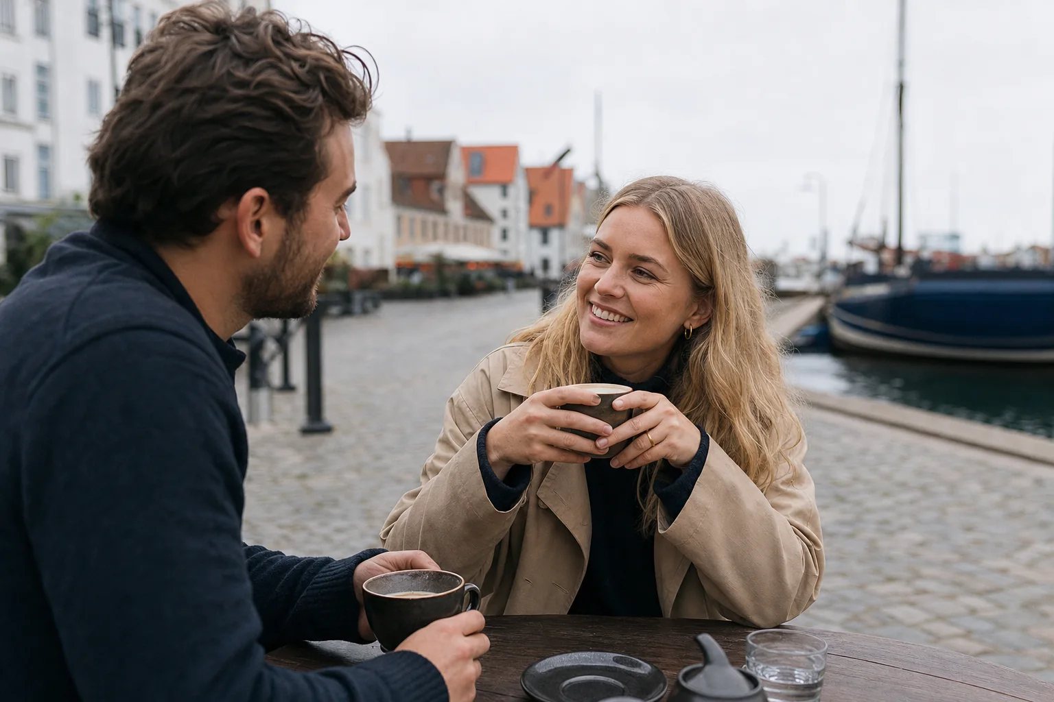 To voksne på afslappet kaffedate ved en dansk havnepromenade