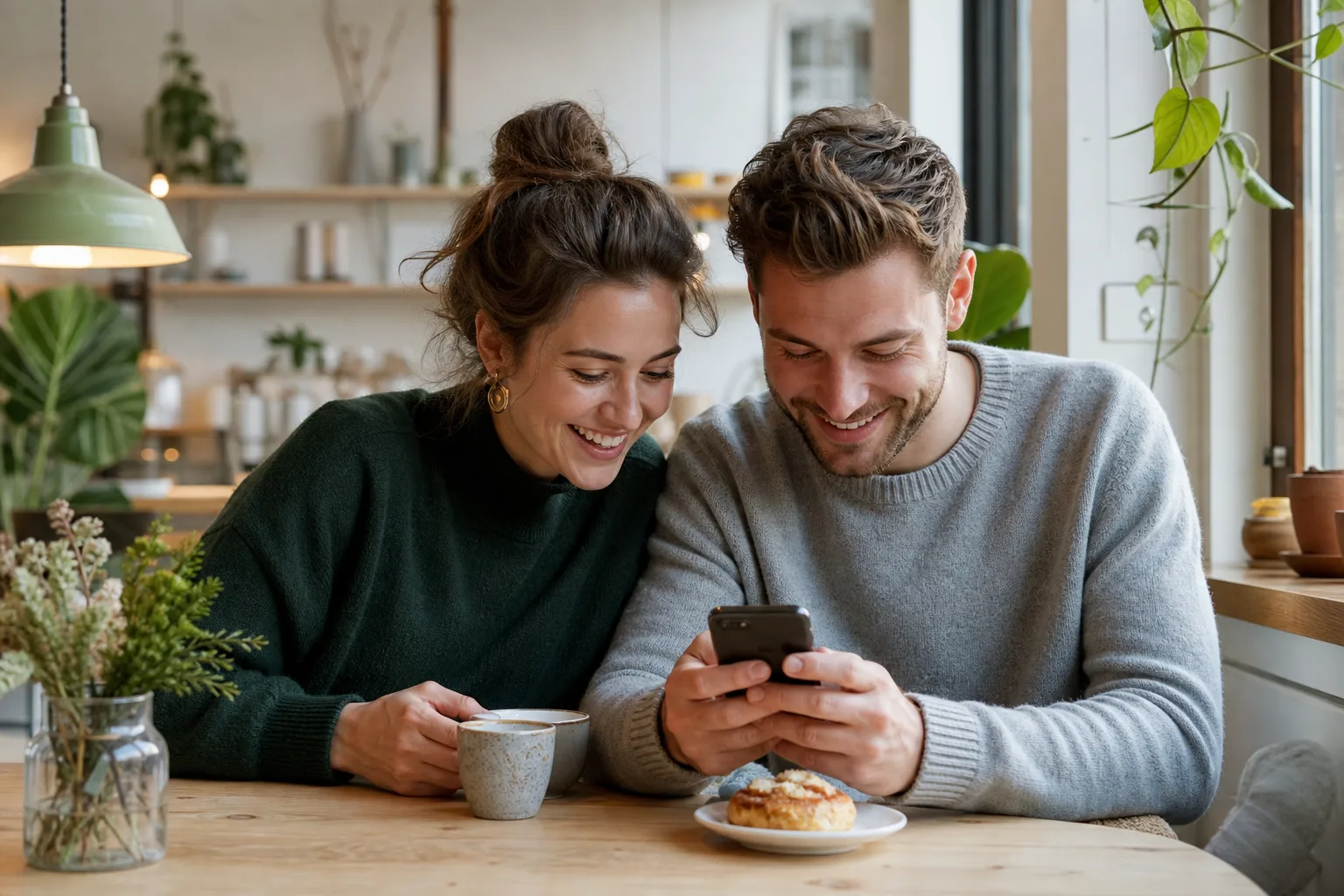 To voksne danskere kigger smilende på en dating app i en lys café