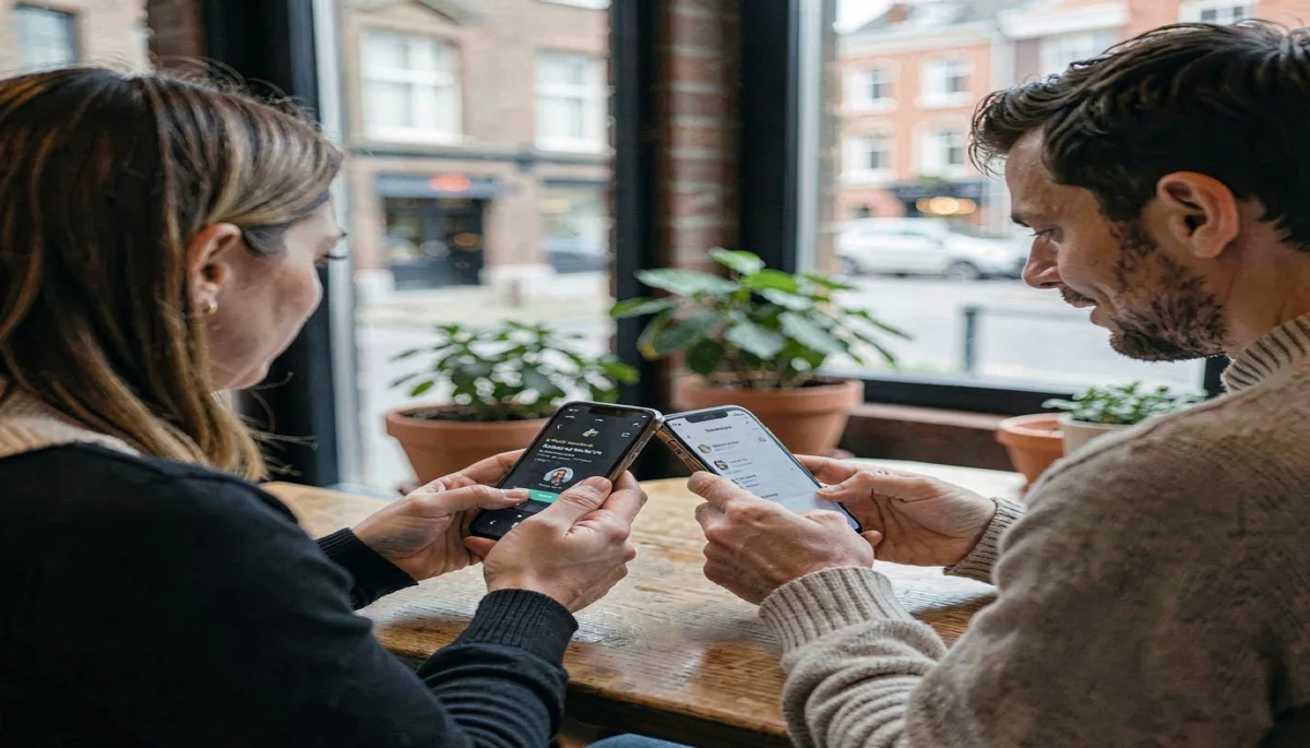 To personer sammenligner dating apps på telefoner ved et cafébord